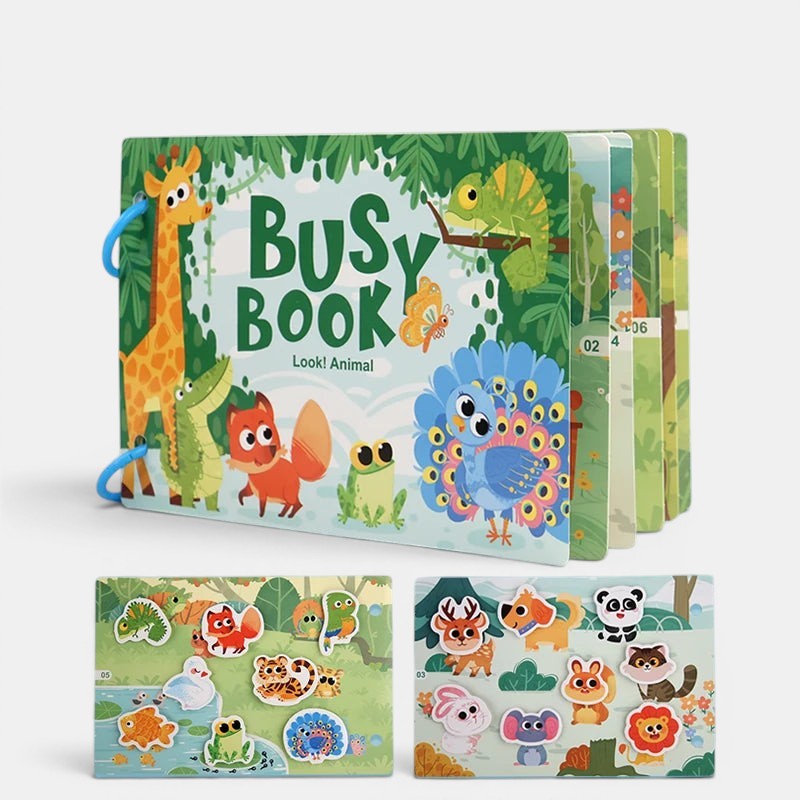 Livre sensoriel Montessori Petit Éveil Montessori avec des animaux colorés, idéal pour l'éveil et la motricité.