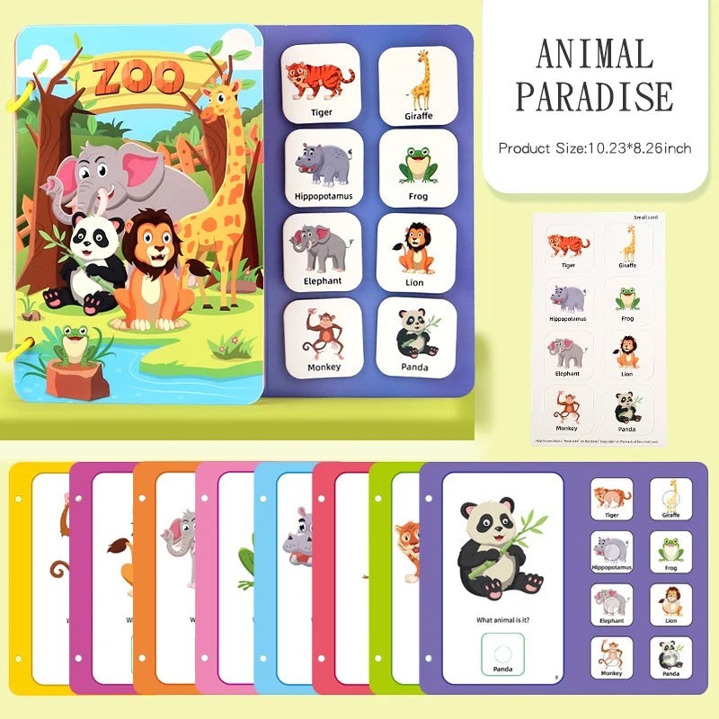 Livre sensoriel Montessori Petit Éveil Montessori avec des animaux colorés et des cartes interactives pour enfants.