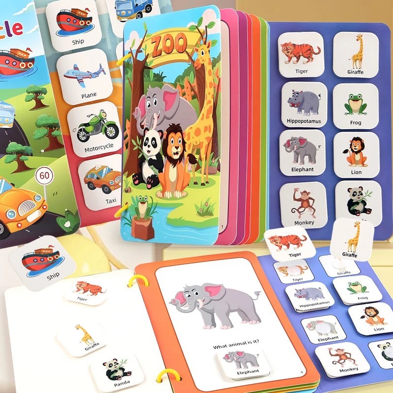 Livre sensoriel Montessori Petit Éveil Montessori avec des animaux de la jungle et des transports, pour enfants de 2-3 ans.