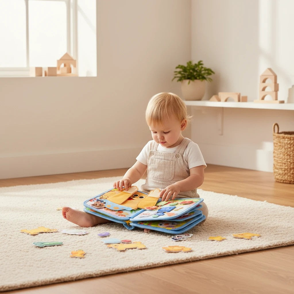 Petit Éveil Montessori livre sensoriel en tissu avec des animaux colorés et des éléments interactifs pour bébés.