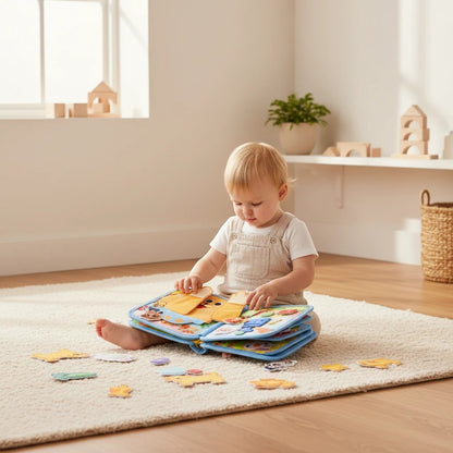 Petit Éveil Montessori livre sensoriel en tissu avec des animaux colorés et des éléments interactifs pour bébés.