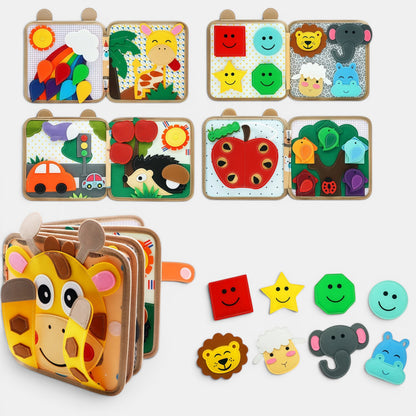 Livre sensoriel Montessori Petit Éveil Montessori avec des animaux, des formes et des couleurs vives pour l'éveil des tout-petits.