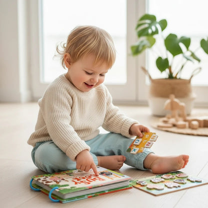 Petit Éveil Montessori : livre sensoriel pour bébé, livre d'activités en tissu avec ferme et animaux, idéal pour l'éveil et la motricité.