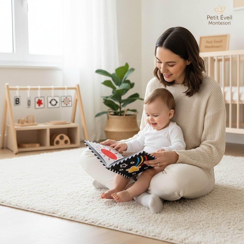 Livre sensoriel Petit Éveil Montessori en tissu noir et blanc avec des motifs de soleil, d'étoiles, de lettres et de formes.