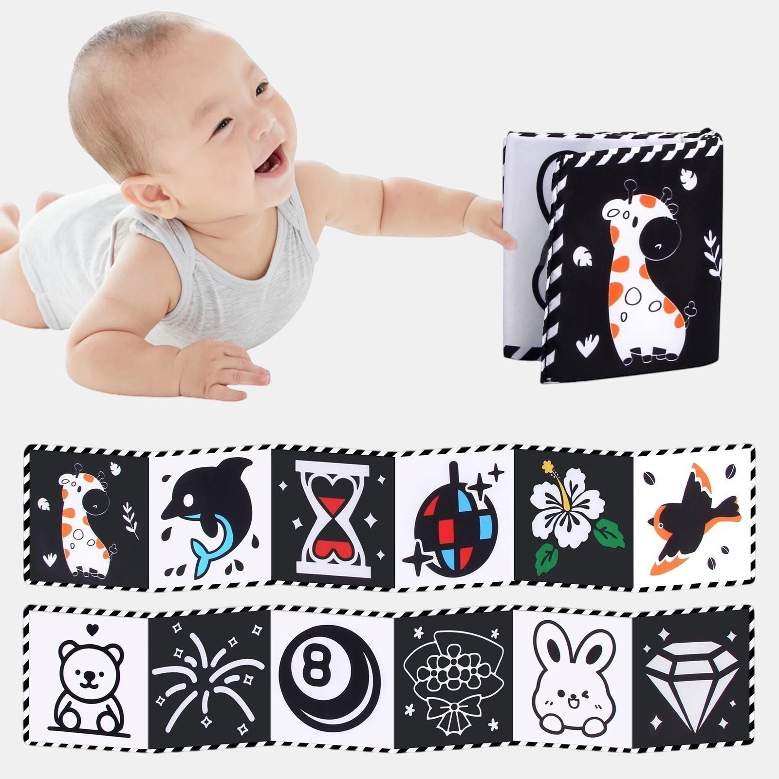 Livre sensoriel en tissu noir et blanc Petit Éveil Montessori avec des illustrations de girafe, dauphin, sablier, boule disco, fleur, oiseau, ours, lapin et diamant.