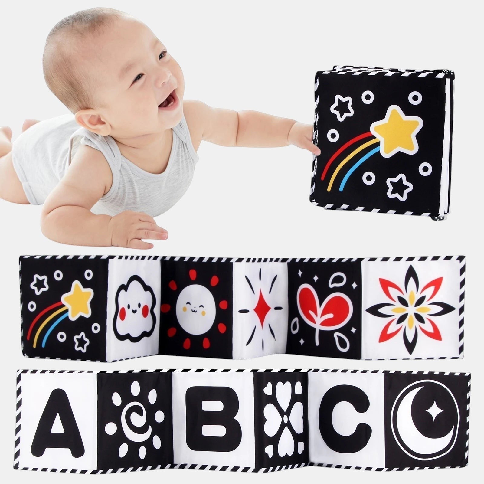 Livre sensoriel en tissu Petit Éveil Montessori noir et blanc avec des étoiles, un arc-en-ciel, des visages, des lettres ABC et des motifs floraux.