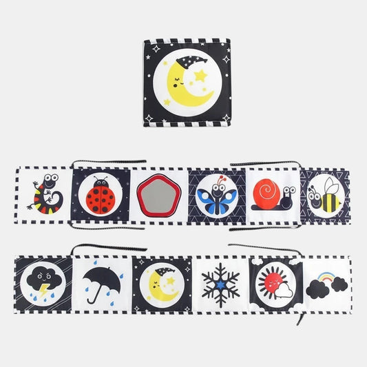 Livre sensoriel en tissu Petit Éveil Montessori avec des illustrations noir et blanc et couleurs vives : lune, papillon, coccinelle, abeille, météo.