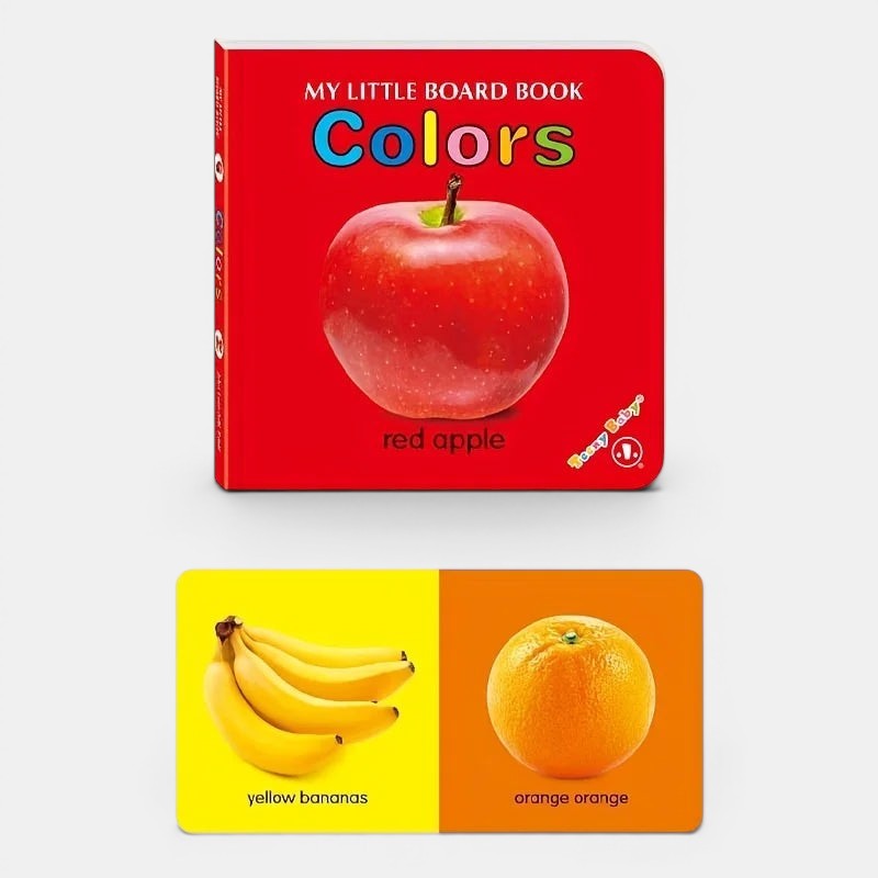 Livre sensoriel Montessori "Colors" de Petit Éveil Montessori avec une pomme rouge et des cartes de bananes jaunes et d'orange.