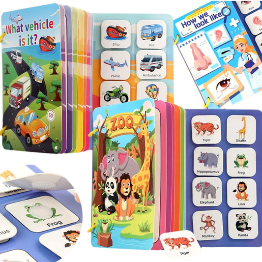 Livre sensoriel Montessori Petit Éveil Montessori avec des cartes interactives sur les véhicules, les animaux et le corps humain.
