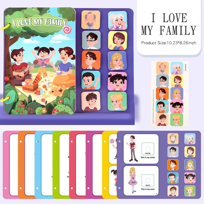 Livre sensoriel Montessori Petit Éveil Montessori avec des illustrations de famille et des cartes interactives pour enfants.