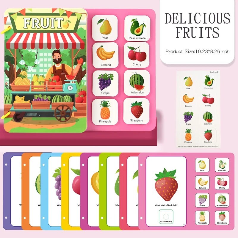 Livre sensoriel Montessori Petit Éveil Montessori avec des cartes illustrant des fruits colorés et leurs noms.