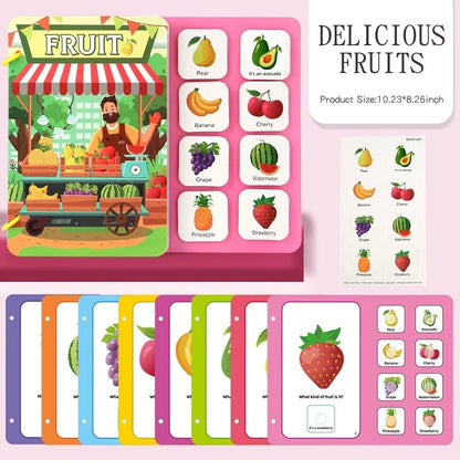 Livre sensoriel Montessori Petit Éveil Montessori avec des cartes illustrant des fruits colorés et leurs noms.