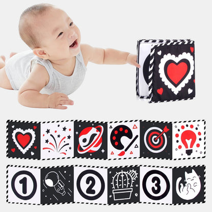 Petit Éveil Montessori livre sensoriel noir et blanc pour bébé, avec des motifs de cœur, étoiles, planètes, ampoule, chiffres et chat.
