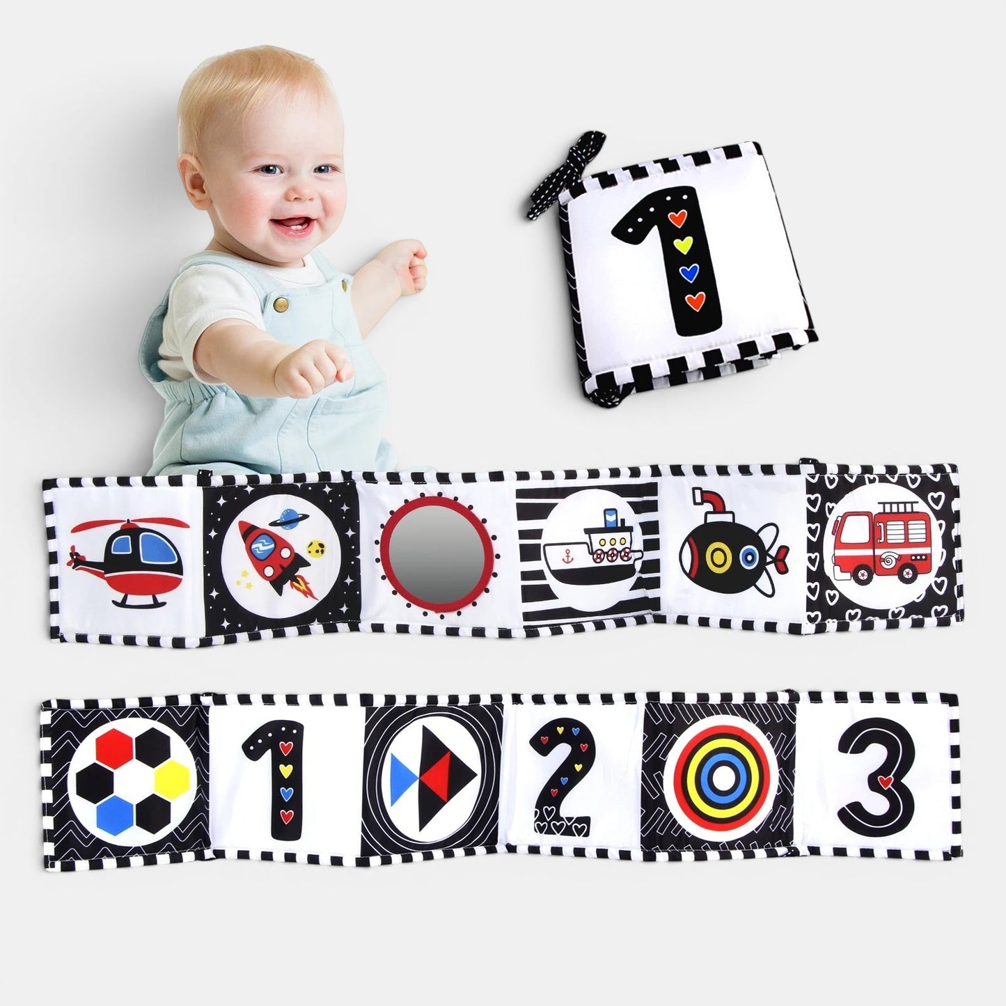 Livre sensoriel noir et blanc Petit Éveil Montessori avec des images de véhicules, chiffres et miroir pour bébé.