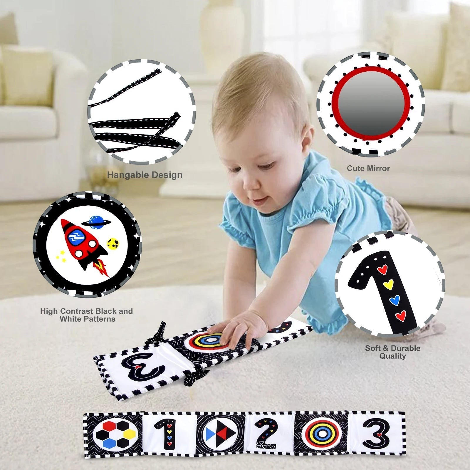 Petit Éveil Montessori Livre sensoriel noir et blanc pour bébé, avec motifs contrastés, miroir et textures douces.