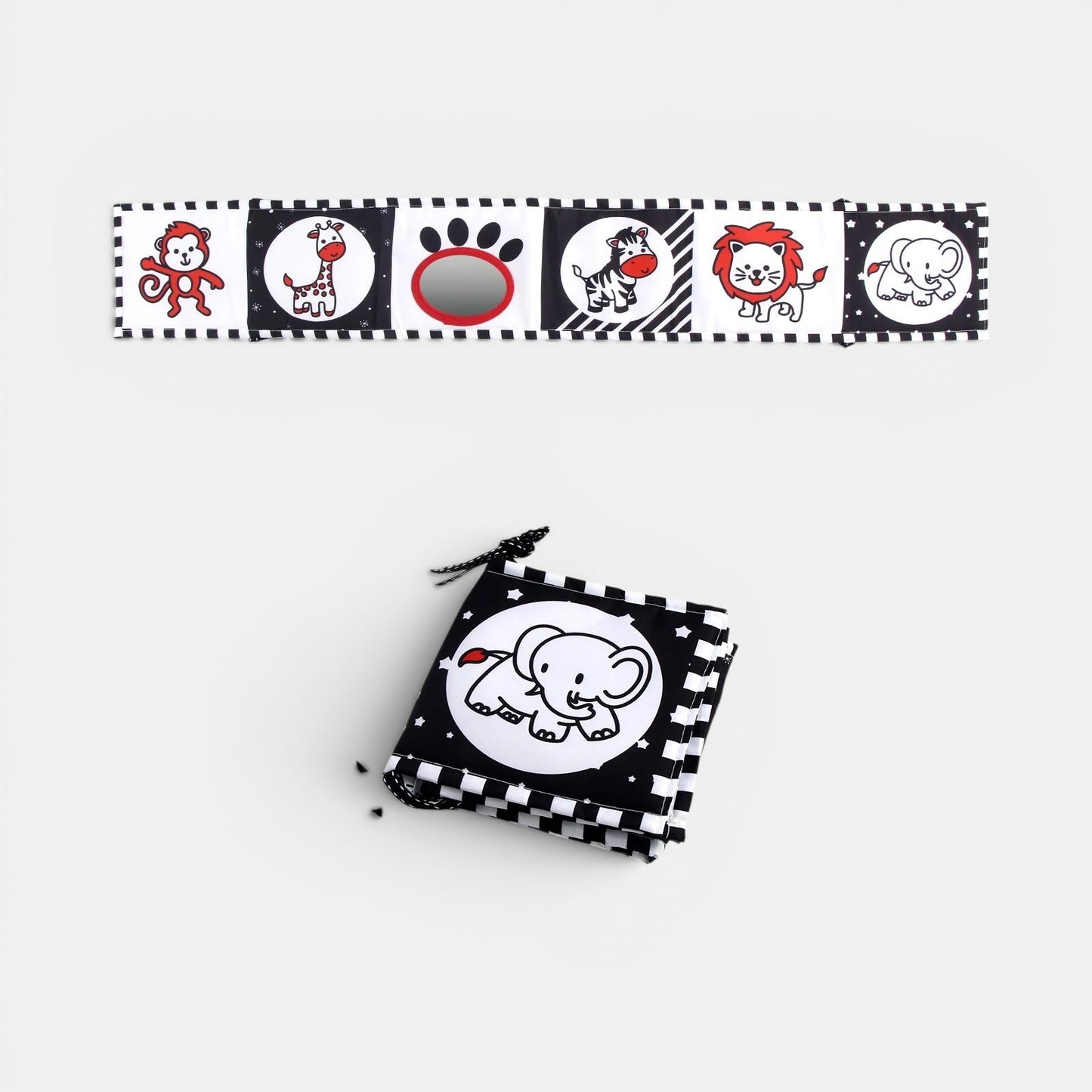 Livre sensoriel noir et blanc Petit Éveil Montessori avec des animaux et un miroir pour bébé, favorise l'éveil visuel.