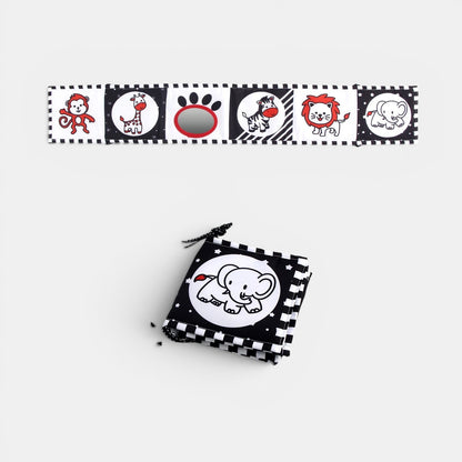 Livre sensoriel noir et blanc Petit Éveil Montessori avec des animaux et un miroir pour bébé, favorise l'éveil visuel.