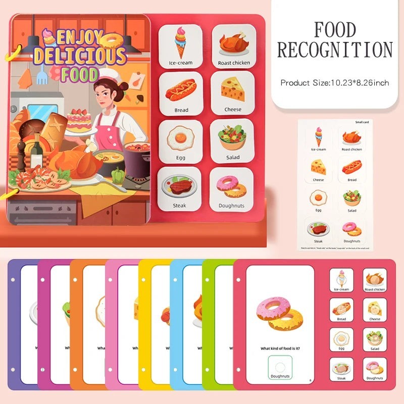 Livre sensoriel Montessori Petit Éveil Montessori avec des cartes d'aliments colorées pour l'apprentissage des enfants.