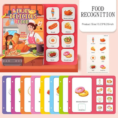 Livre sensoriel Montessori Petit Éveil Montessori avec des cartes d'aliments colorées pour l'apprentissage des enfants.