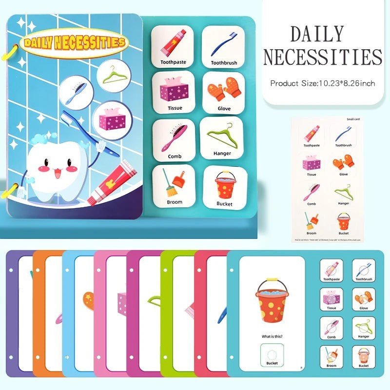 Livre sensoriel Montessori "Daily Necessities" pour enfants de 2-3 ans, avec des cartes illustrant des objets du quotidien comme une brosse à dents, des moufles, un peigne, un cintre, un balai et un seau.