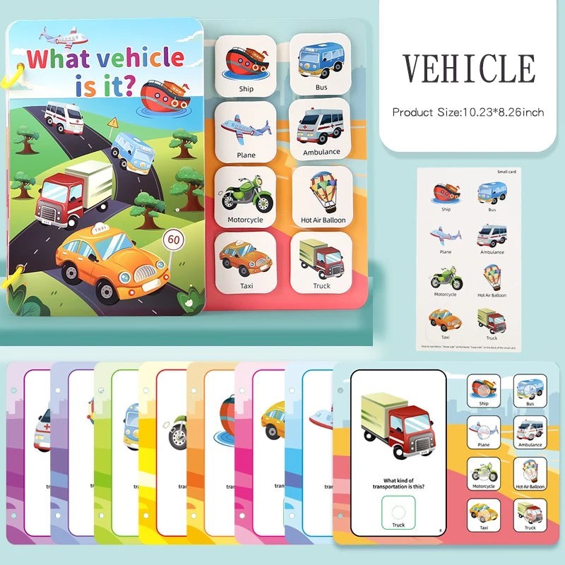 Livre sensoriel Montessori Petit Éveil Montessori avec des véhicules colorés : bateau, bus, avion, ambulance, moto, montgolfière, taxi, camion.