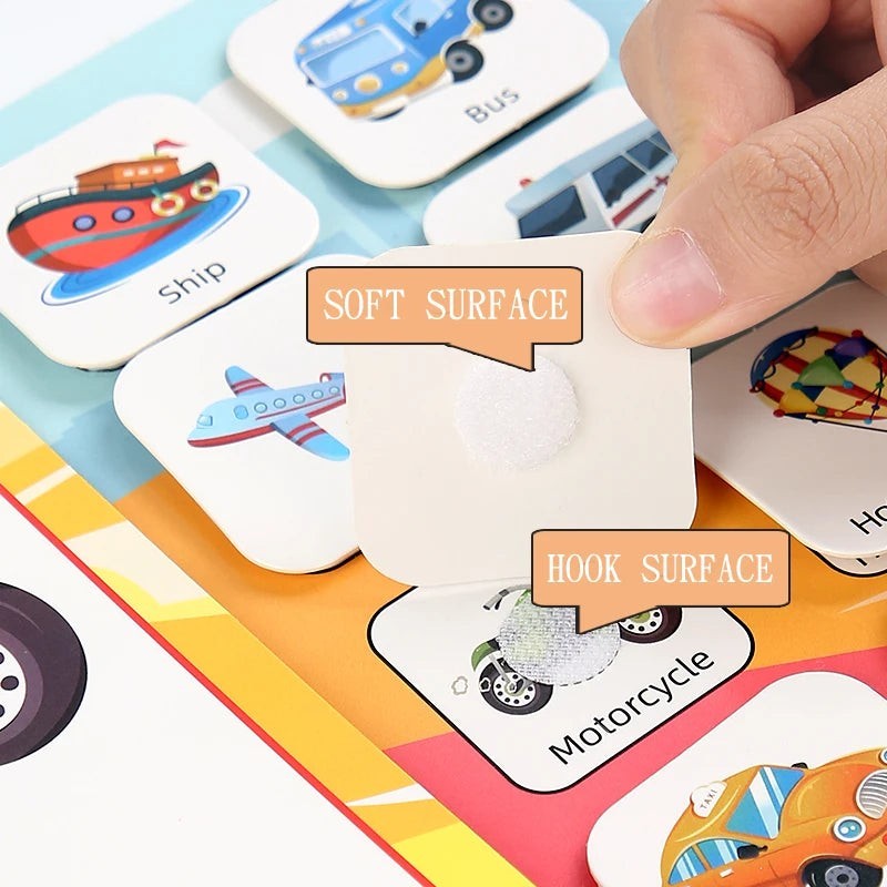 Livre sensoriel Montessori Petit Éveil Montessori avec des cartes de véhicules interactives pour enfants.