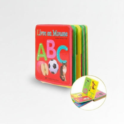 Livre en tissu interactif Petit Éveil Montessori avec lettres ABC, pomme, ballon et chat. Idéal pour l'apprentissage sensoriel.