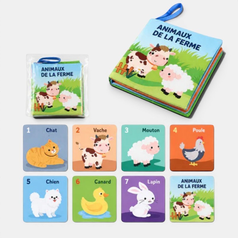 Livre en tissu Petit Éveil Montessori "Animaux de la ferme" avec illustrations vives de vaches, moutons, chats, chiens, canards et lapins. Idéal pour l'éveil des tout-petits.