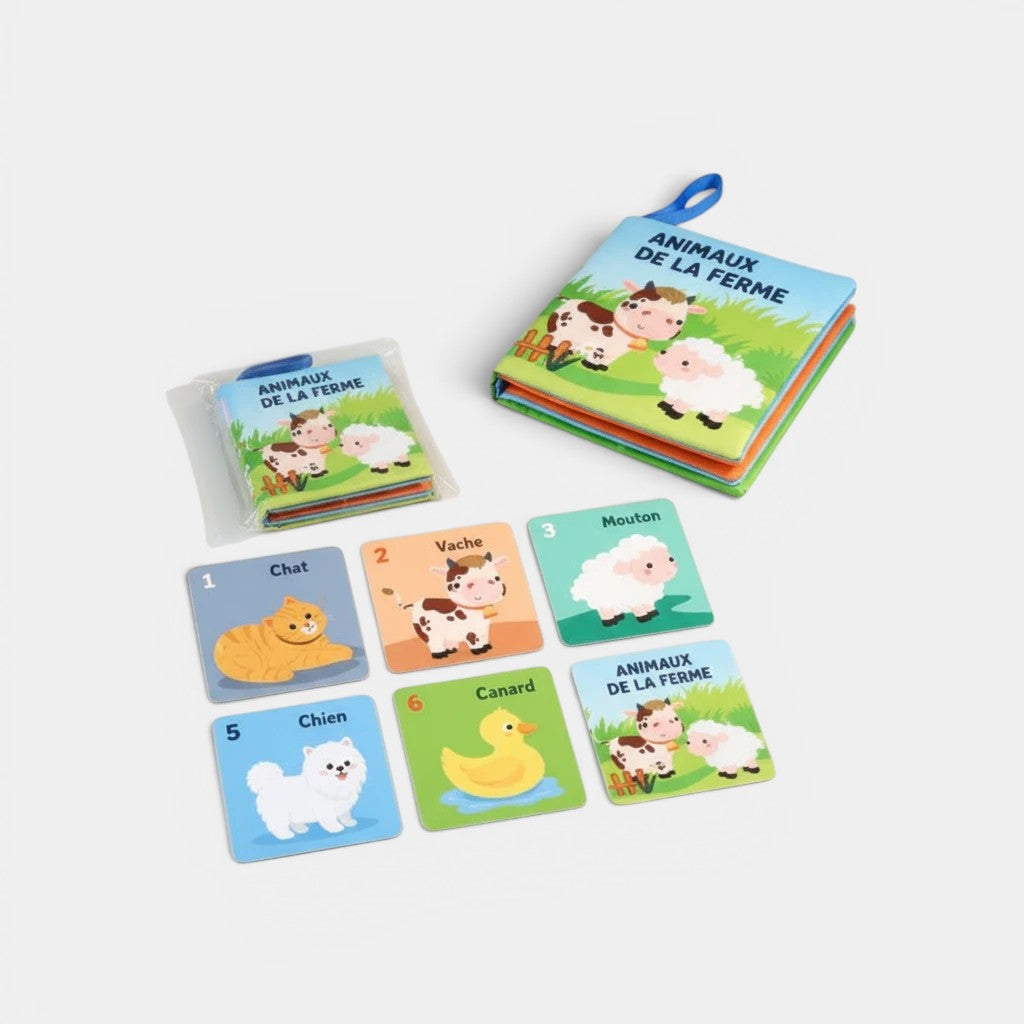 Petit Éveil Montessori livre en tissu éducatif sur les animaux de la ferme avec cartes illustrées : chat, vache, mouton, chien, canard.