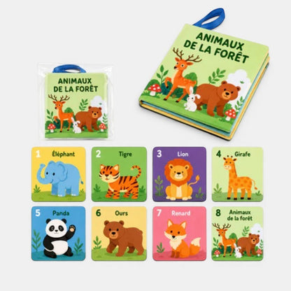 Livre Montessori en tissu « Animaux de la forêt » de Petit Éveil Montessori, avec des illustrations vives d'animaux et de la nature.