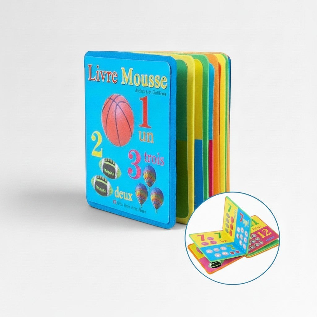 Livre en tissu interactif Petit Éveil Montessori, multicolore, avec chiffres et images pour l'apprentissage des tout-petits.