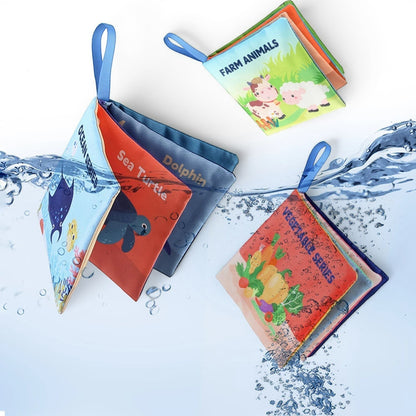 Livre d'éveil en tissu Petit Éveil Montessori, imperméable, avec illustrations colorées d'animaux de la ferme, de la mer et de légumes.