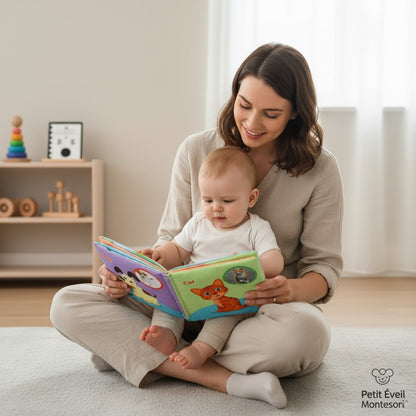 Livres en tissu Petit Éveil Montessori avec illustrations colorées de chiens, chats et pingouins pour l'éveil sensoriel des bébés.