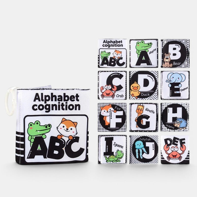 Livre en tissu Petit Éveil Montessori avec des animaux et des lettres pour l'apprentissage de l'alphabet et de la cognition.