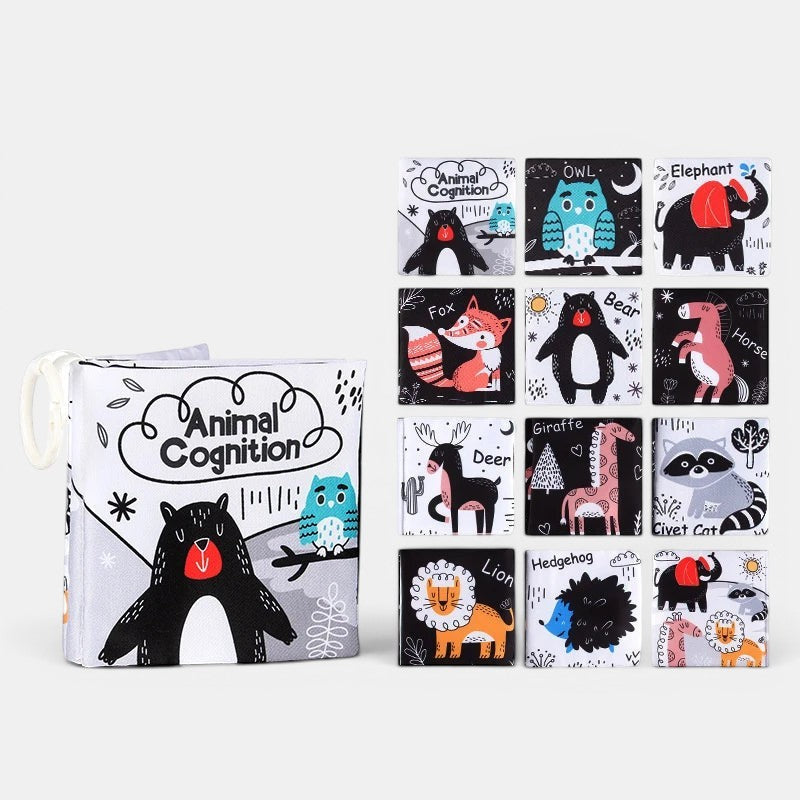 Livre d'éveil sensoriel Petit Éveil Montessori avec des animaux en tissu doux pour bébé, idéal pour la motricité et la cognition.