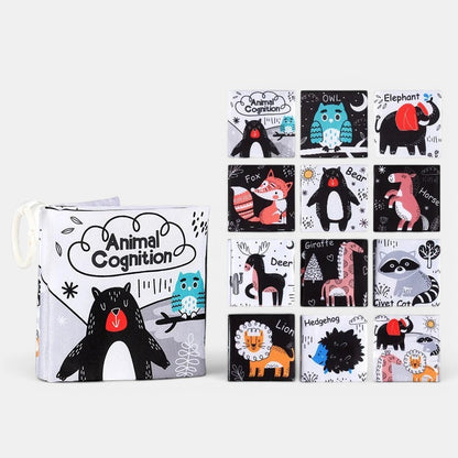 Livre d'éveil sensoriel Petit Éveil Montessori avec des animaux en tissu doux pour bébé, idéal pour la motricité et la cognition.