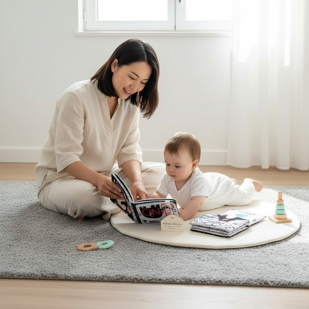 Petit Éveil Montessori livre en tissu doux noir et blanc avec des animaux pour bébés, idéal pour l'apprentissage sensoriel.
