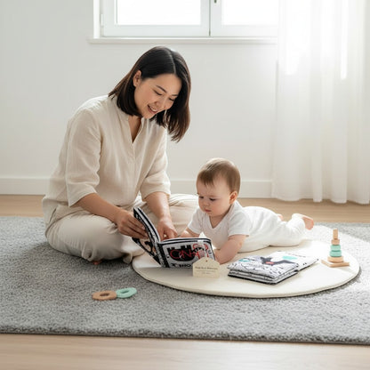 Petit Éveil Montessori livre en tissu doux noir et blanc avec des animaux pour bébés, idéal pour l'apprentissage sensoriel.