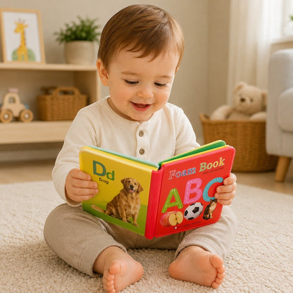 Petit Éveil Montessori : Bébé souriant tenant un livre en tissu coloré avec des lettres et des images d'animaux.