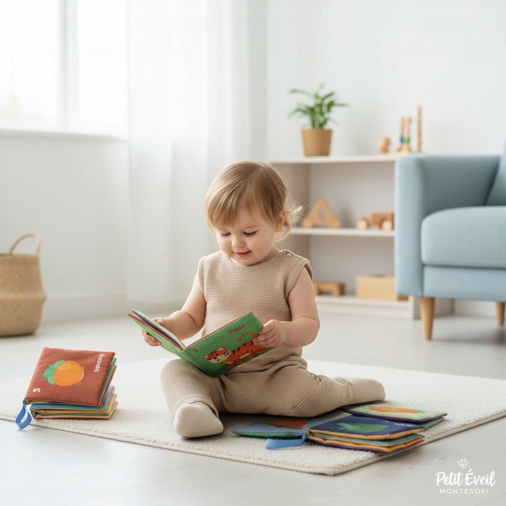 Petit Éveil Montessori, livre en tissu coloré pour bébé avec illustrations de fruits, légumes et animaux, favorise l'apprentissage et la motricité.