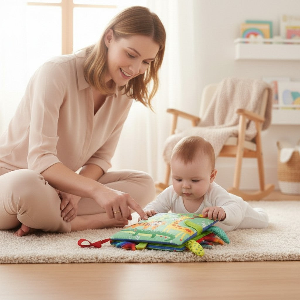 Livre d'éveil en tissu Petit Éveil Montessori avec des animaux colorés, interactif pour bébé.