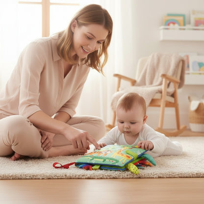 Livre d'éveil en tissu Petit Éveil Montessori avec des animaux colorés, interactif pour bébé.
