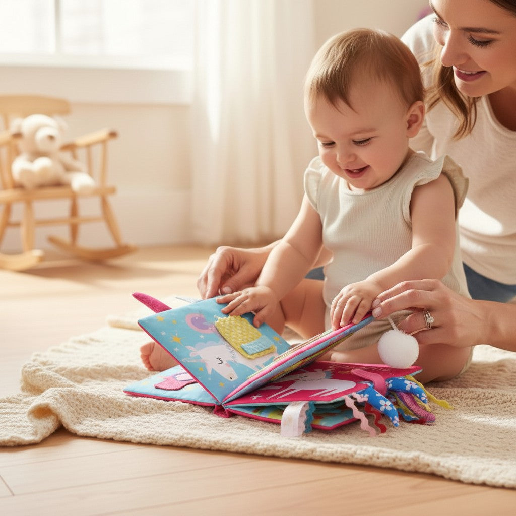 Livre en tissu Petit Éveil Montessori avec des licornes et des étoiles, couleurs vives, pour bébé.