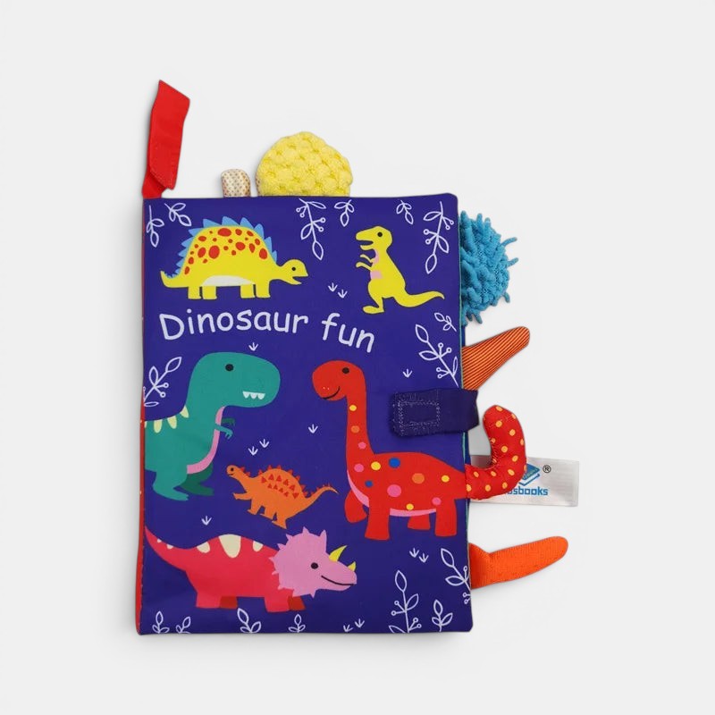 Livre en tissu Petit Éveil Montessori jaune avec des illustrations d'animaux de jardin : lapin, coccinelle, escargot, chenille, abeille et libellule.