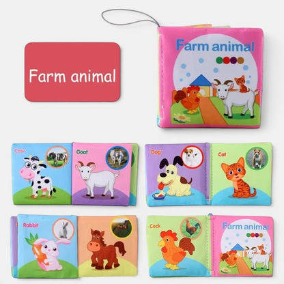Livres en tissu Petit Éveil Montessori sur le thème des animaux de la ferme, colorés et doux pour bébé.