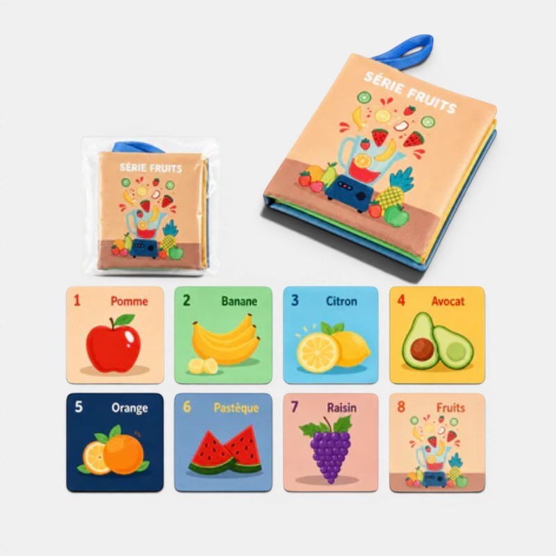 Livre Montessori en tissu sur le thème des fruits, avec des illustrations colorées et des cartes de fruits. Petit Éveil Montessori.