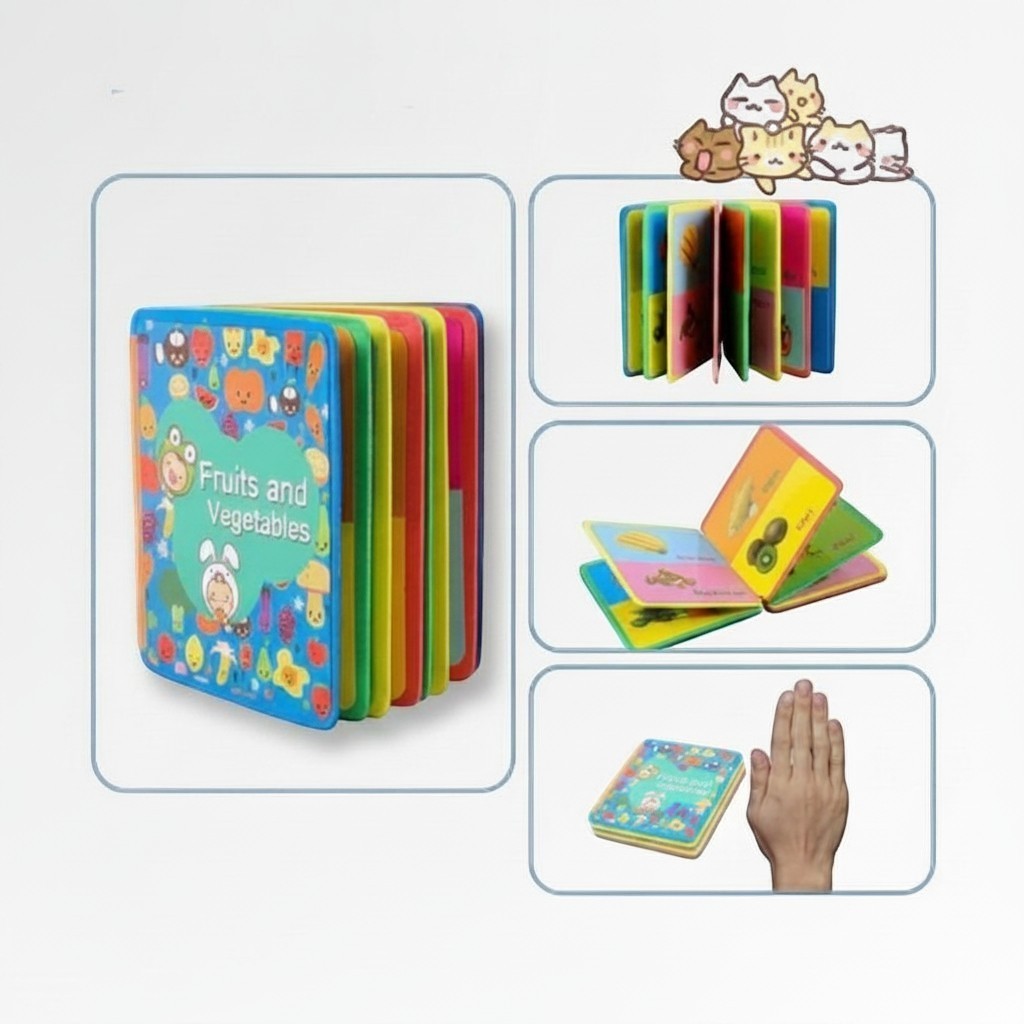 Livre en tissu interactif Petit Éveil Montessori avec des fruits et légumes colorés, idéal pour l'éveil sensoriel des tout-petits.