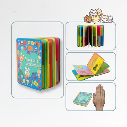 Livre en tissu interactif Petit Éveil Montessori avec des fruits et légumes colorés, idéal pour l'éveil sensoriel des tout-petits.