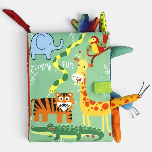Livre en tissu Petit Éveil Montessori avec éléphant, girafe, tigre, crocodile, serpent et oiseau sur fond vert. Texte "Jungly fun".