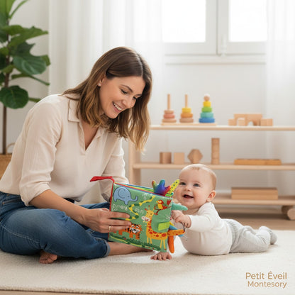 Livre en tissu Petit Éveil Montessori avec éléphant, girafe, tigre, crocodile, serpent et oiseau. Thème jungle.